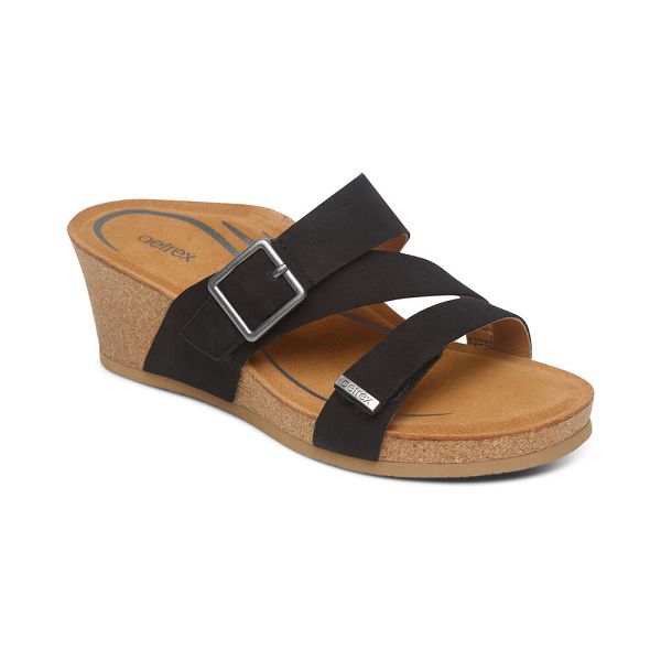 Aetrex Women's Kimmy Arch Support Wedge Sandals - Black | USA C25XIAP